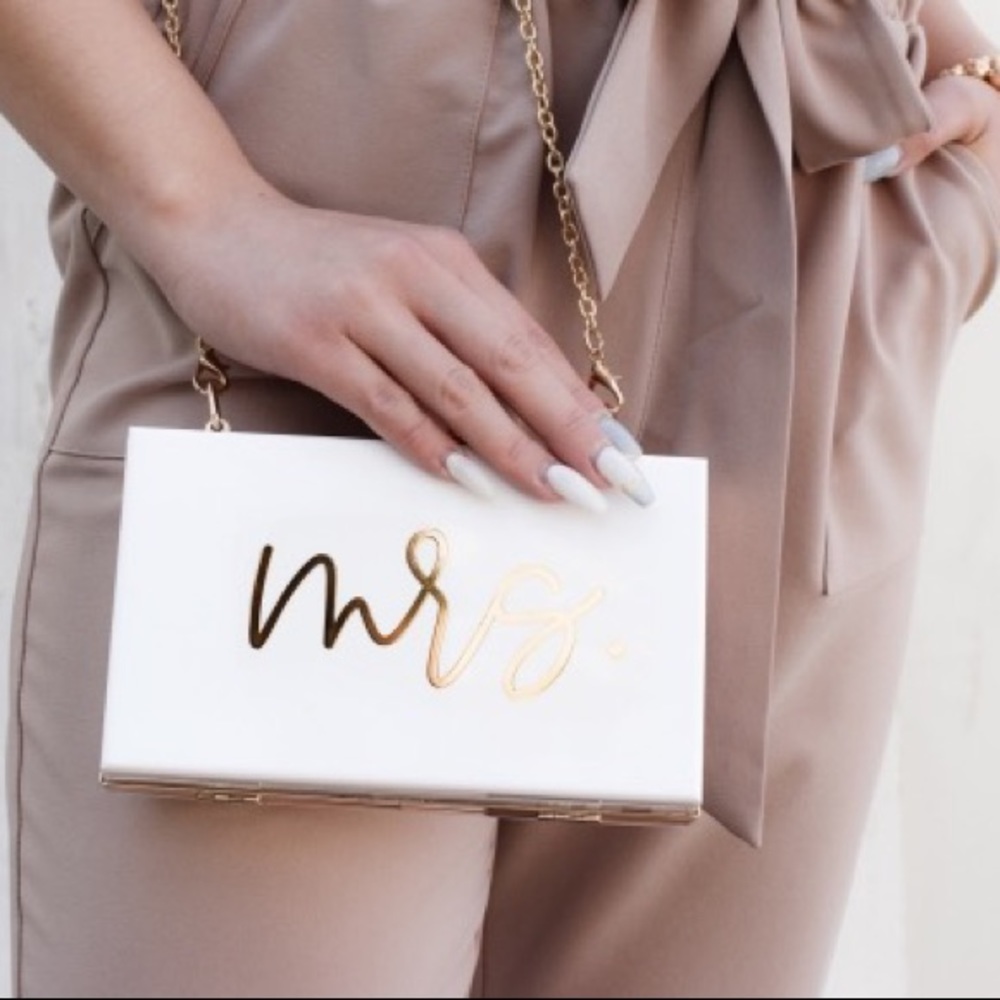 White 'Mrs.' Box Clutch with Gold Script